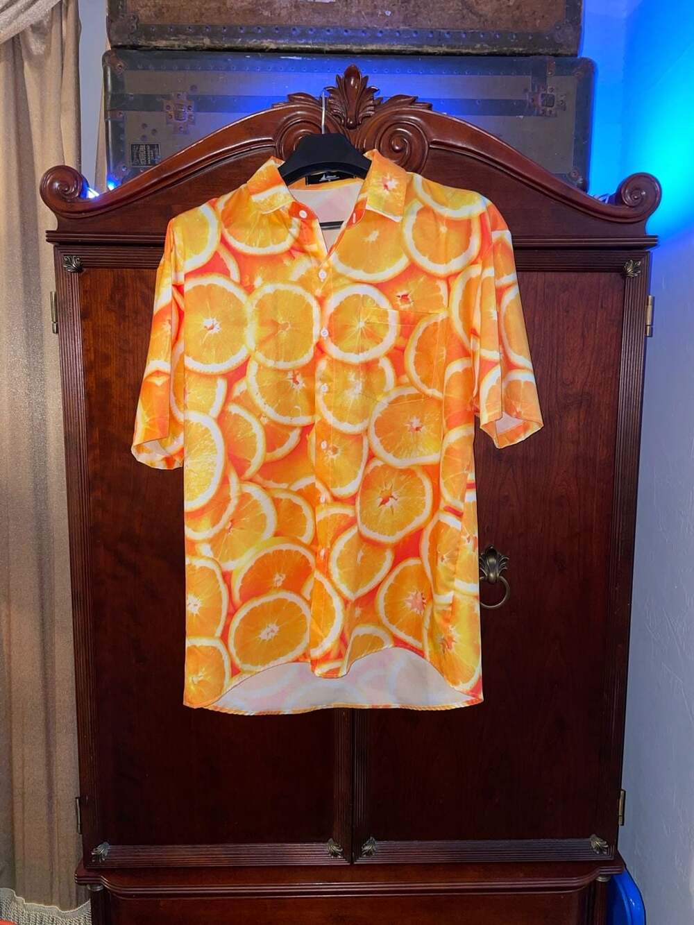 Adar Chic Men's Size Medium Orange Citrus Fruit Slice Print Short Sleeve Hawaiia